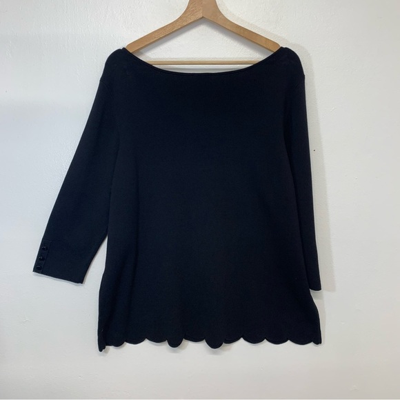 Talbots Rib Knit Top 2X Black Scallop Hem Cotton Modal Stretch Boat Neck - Picture 6 of 11